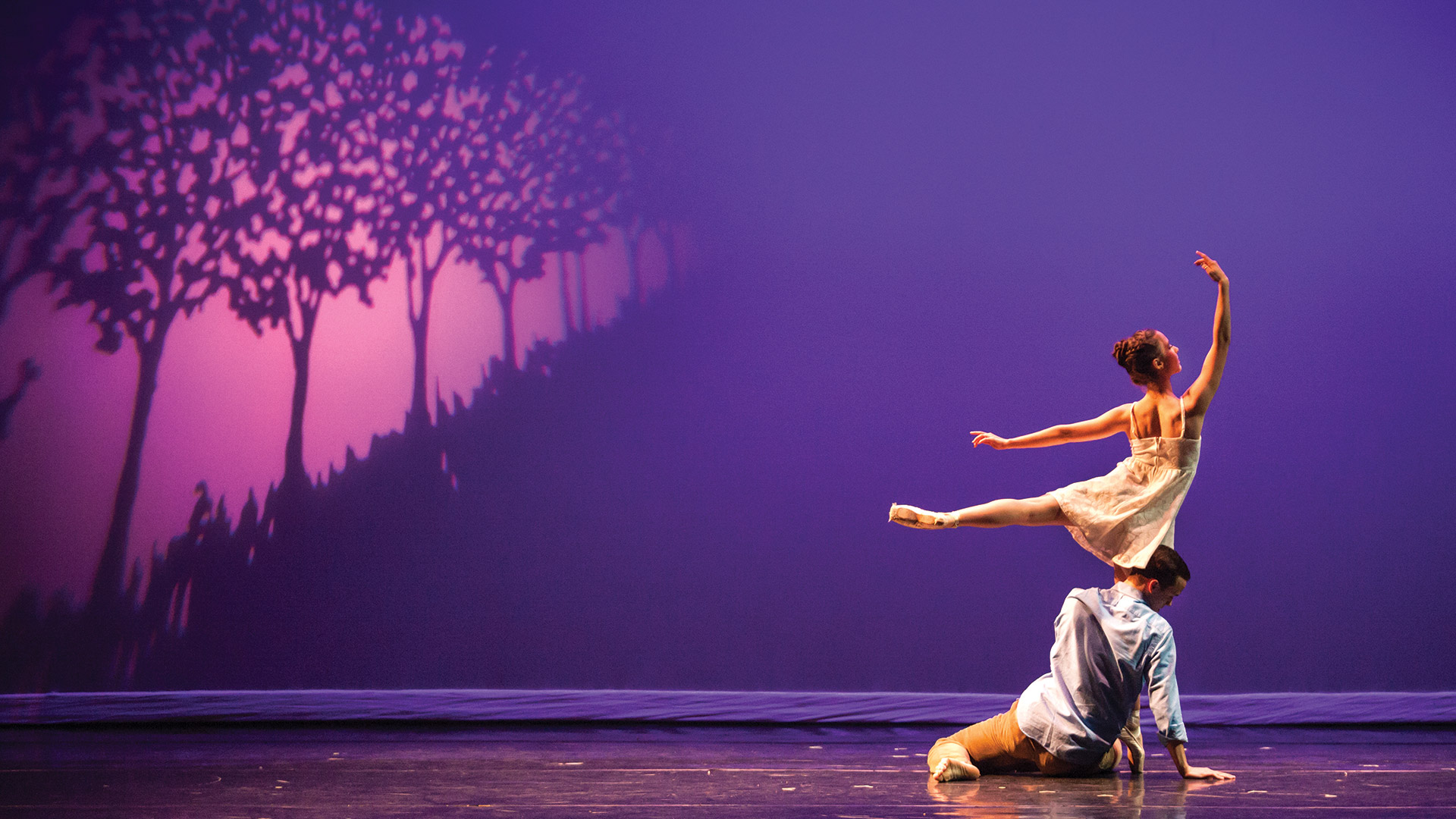 Two ballet dancers against a purple background.